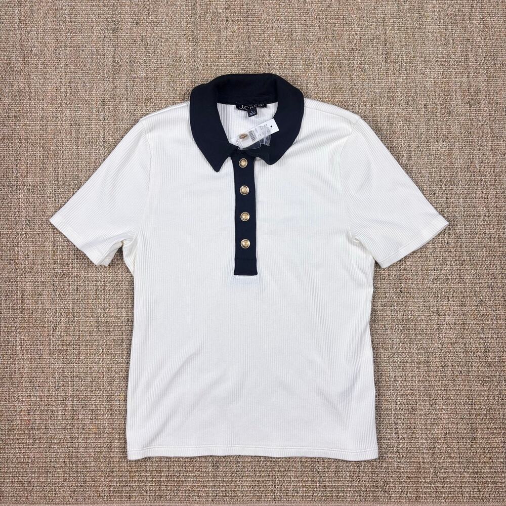 ⚓ J.Crew Ribbed Polo with Contrast Collar | Size L | Cream & Black | NWT